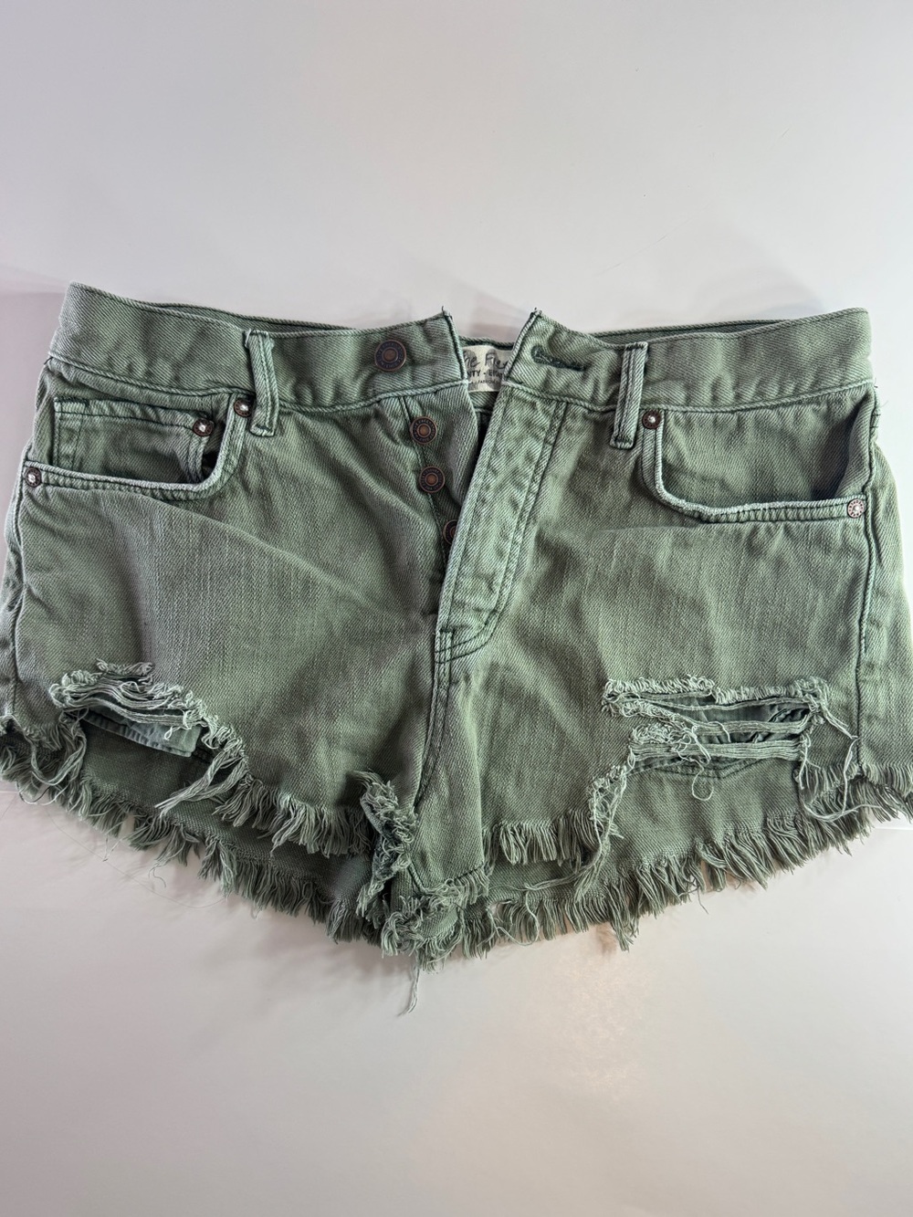 Free People We The Free Distressed Denim Cutoff Shorts Olive Green Size 28